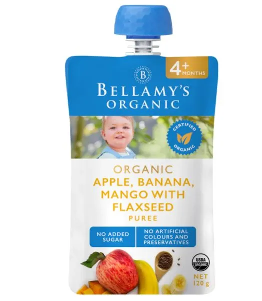 [2-Pack] Bellamy's Organic Apple, Banana, Mango with Flaxseed Puree 120g Exp: 10/24