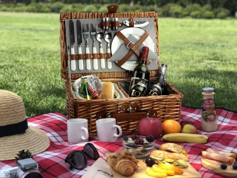 2 Person Willow Hamper Picnic Basket with Cooler Grey Stripe