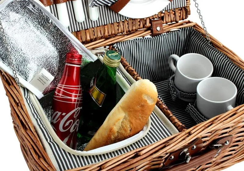 2 Person Willow Hamper Picnic Basket with Cooler Grey Stripe