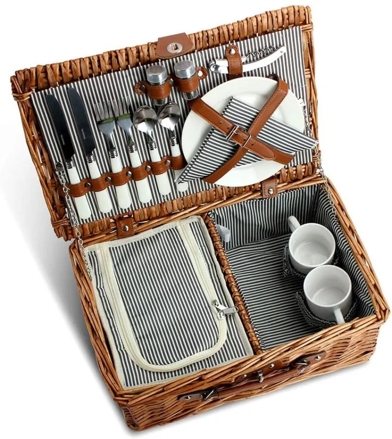 2 Person Willow Hamper Picnic Basket with Cooler Grey Stripe