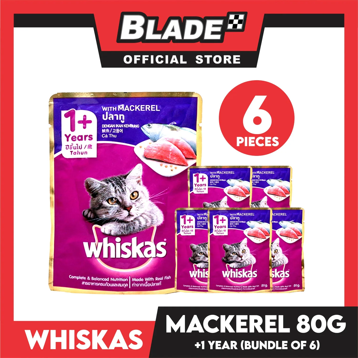 6pcs Whiskas Mackerel Flavor Pouch Wet Cat Food 80g