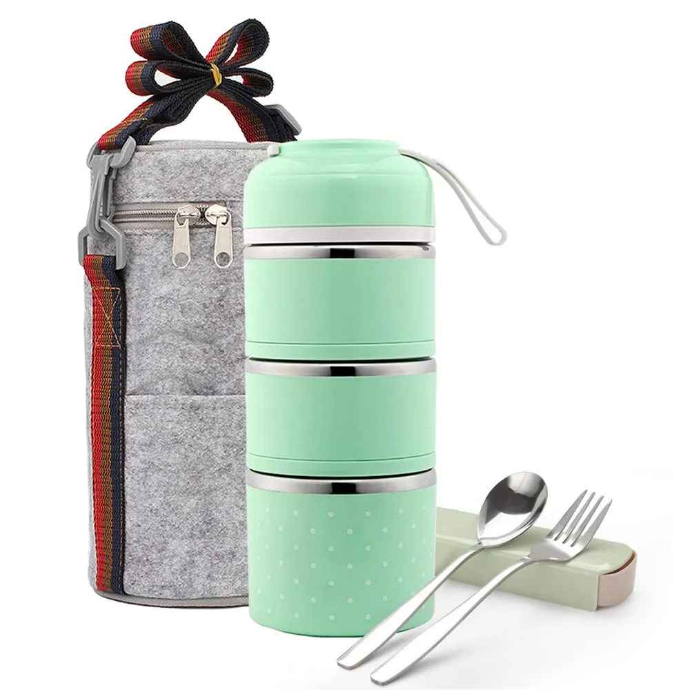 Bento Lunch Box, ArderLive Stainless Steel Insulated Lunch Box with Portable Lunch Bag&Portable utensil, Leakproof Food Storage Container.(3Layer, Green)