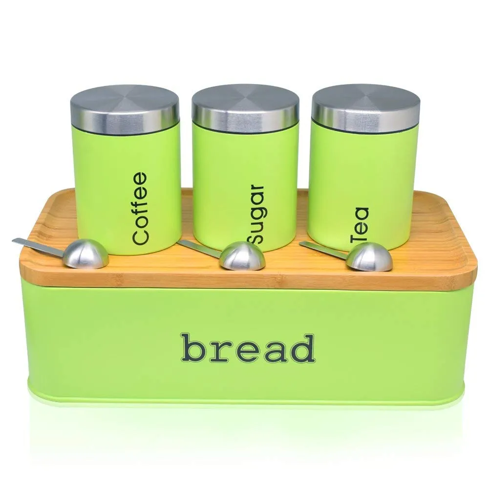 Bread Box For Kitchen, Stainless Steel Bread Bin with Cutting Boards,Storage Container For Loaves,Boudin Bakery,Baguette,Bread holder for Baked Bread with Set of 3 Canister- Apple Green (Green)