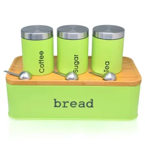 Bread Box For Kitchen, Stainless Steel Bread Bin with Cutting Boards,Storage Container For Loaves,Boudin Bakery,Baguette,Bread holder for Baked Bread with Set of 3 Canister- Apple Green (Green)