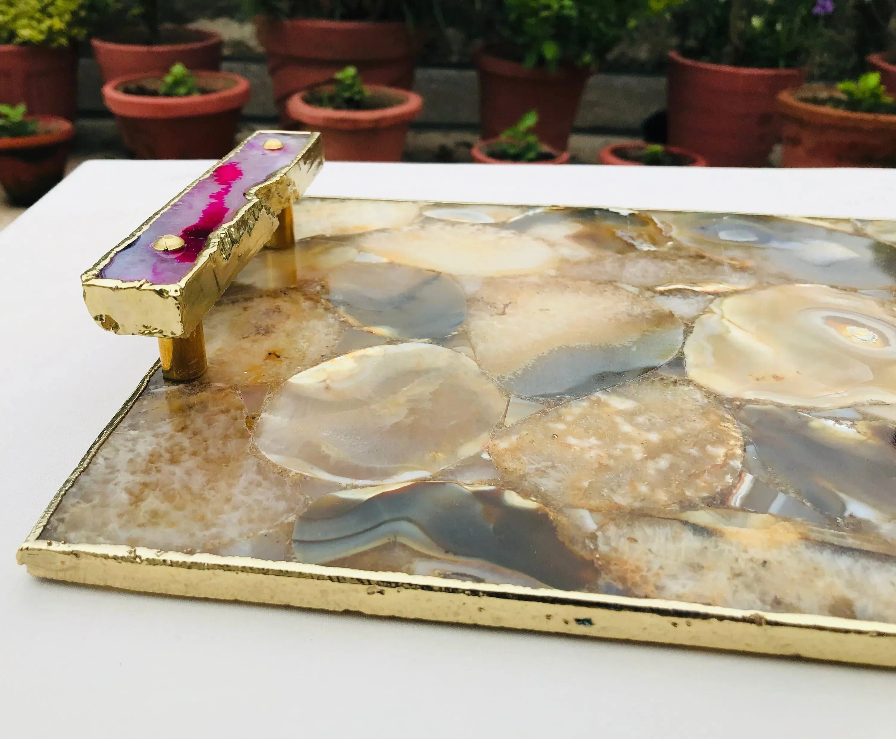 Brown Plated Agate Serving Tray With Pink Onyx Agate Handles