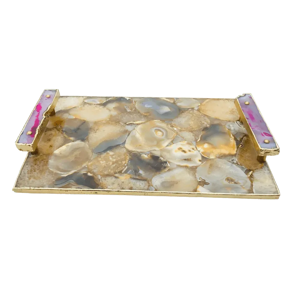 Brown Plated Agate Serving Tray With Pink Onyx Agate Handles