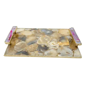 Brown Plated Agate Serving Tray With Pink Onyx Agate Handles