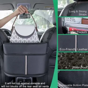 Car Purse Holder for Car Handbag Holder Between Seats Premium PU Leather, Auto Driver Or Passenger Accessories Organizer, Hanging Car Purse Storage Pocket Back Seat Pet Barrier