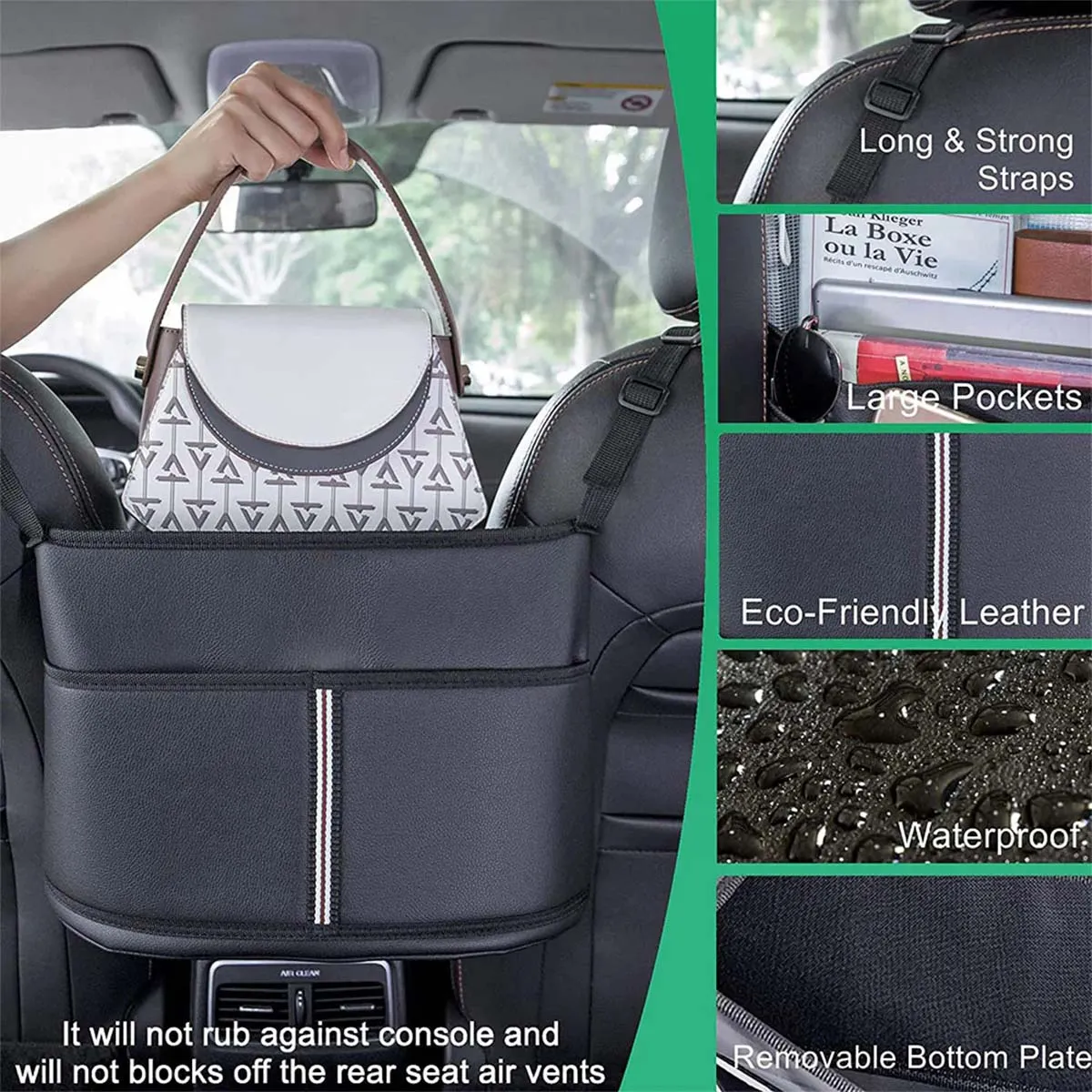 Car Purse Holder for Car Handbag Holder Between Seats Premium PU Leather, Auto Driver Or Passenger Accessories Organizer, Hanging Car Purse Storage Pocket Back Seat Pet Barrier