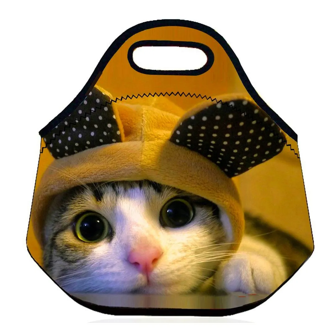 (Cat in the Hat) 3.5MM Thick Neoprene Lunch Bag/Lunch Tote, Insulated | Stretchy | Reusable | Washable | Rugged Zipper | Great For Lunchboxes & Snacks By Selric