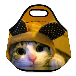 (Cat in the Hat) 3.5MM Thick Neoprene Lunch Bag/Lunch Tote, Insulated | Stretchy | Reusable | Washable | Rugged Zipper | Great For Lunchboxes & Snacks By Selric