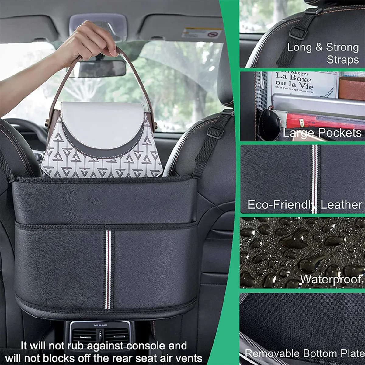 Custom Text For Car Purse Holder for Car Handbag Holder Between Seats Premium PU Leather, Compatible with All Cars, Auto Driver Or Passenger Accessories Organizer, Hanging Car Purse Storage Pocket Back Seat Pet Barrier PE11991