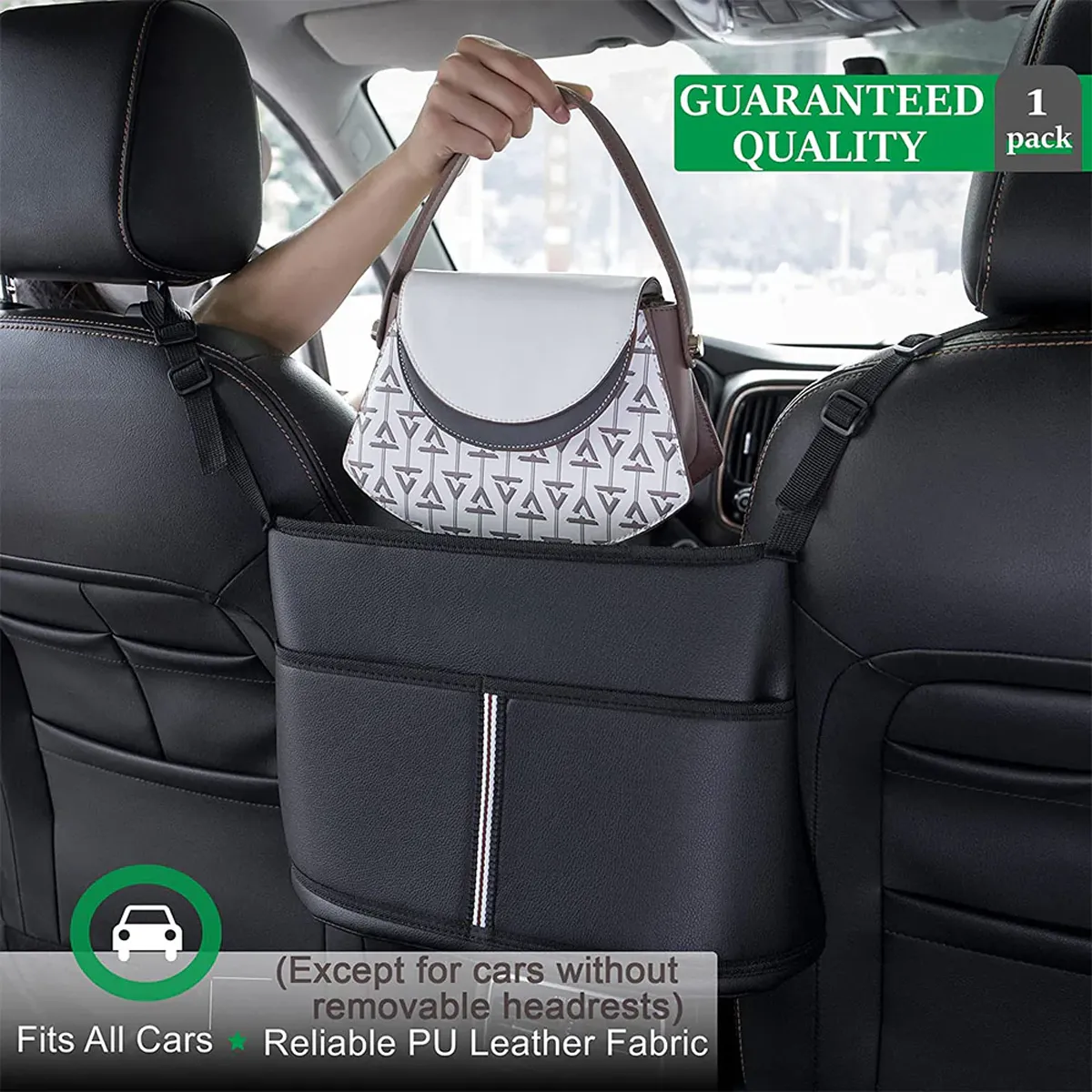 Custom Text For Car Purse Holder for Car Handbag Holder Between Seats Premium PU Leather, Compatible with All Cars, Auto Driver Or Passenger Accessories Organizer, Hanging Car Purse Storage Pocket Back Seat Pet Barrier PE11991
