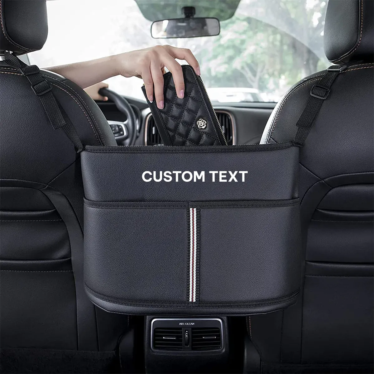Custom Text For Car Purse Holder for Car Handbag Holder Between Seats Premium PU Leather, Compatible with All Cars, Auto Driver Or Passenger Accessories Organizer, Hanging Car Purse Storage Pocket Back Seat Pet Barrier PE11991