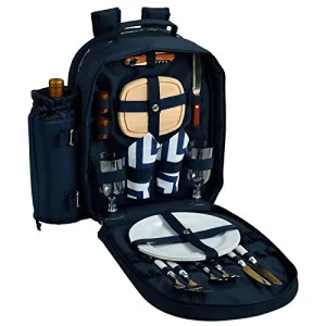 (D) 2 Person Picnic Backpack Bag, Full Equipment Set for Outdoor (Blue Chevron)