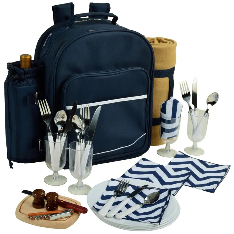 (D) Four Person Picnic Backpack Bag, Full Equipment Set with Blanket (Chevron)