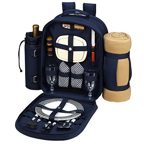 (D) Picnic Backpack Bag for 2, Full Set for Outdoor with Blanket (Navy Blue)