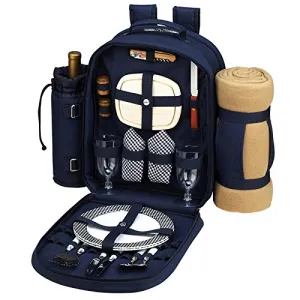 (D) Picnic Backpack Bag for 2, Full Set for Outdoor with Blanket (Navy Blue)