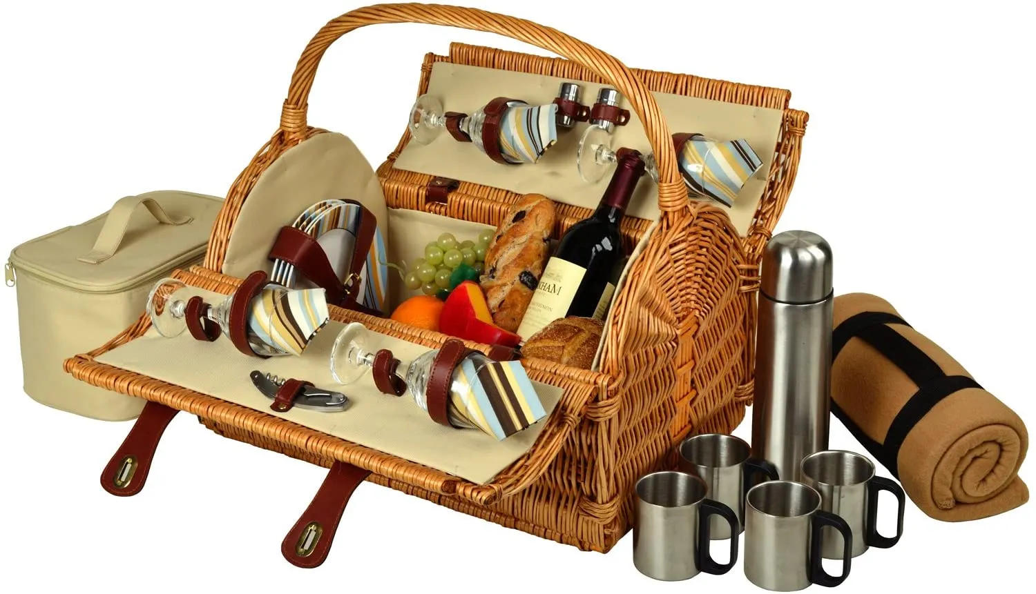 (D) York Picnic Basket for 4 with Blanket and Coffee Set for Outdoor (Green Stripes)