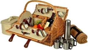 (D) York Picnic Basket for 4 with Blanket and Coffee Set for Outdoor (Green Stripes)