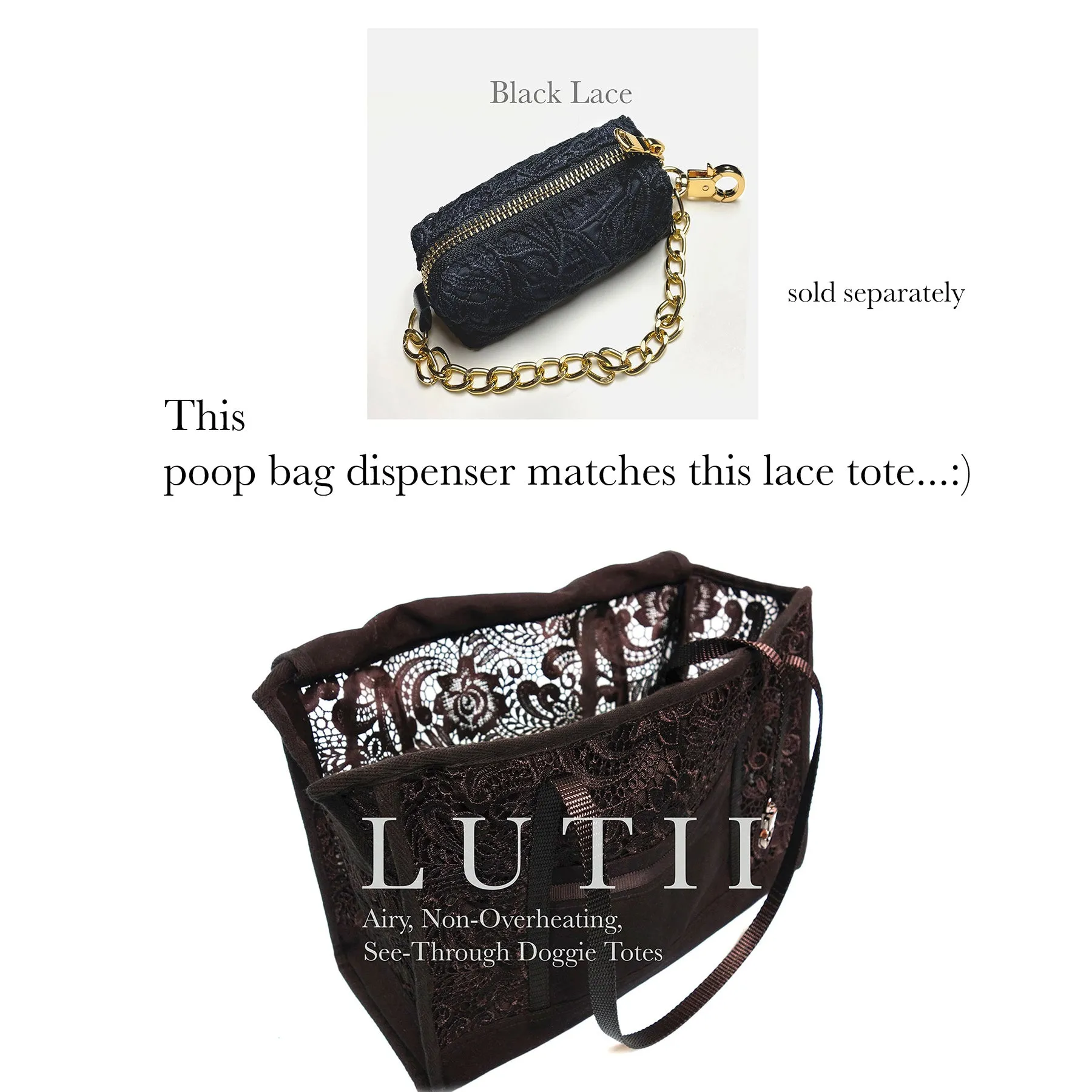 dog carrier, non-overheating, spring/summer lightweight lace pet tote "Black Beauty"