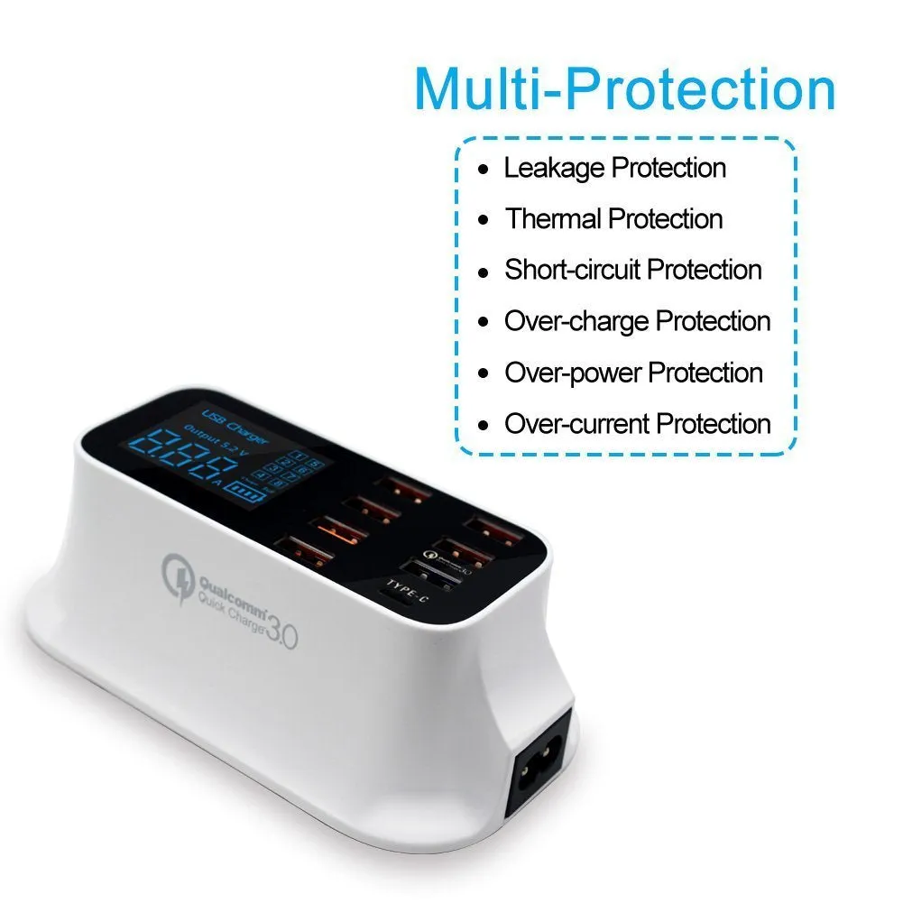 Fast Charging Station Multiple USB Charger 7 Port Desktop Charger Hub LED Display Power Adapter UK Plug