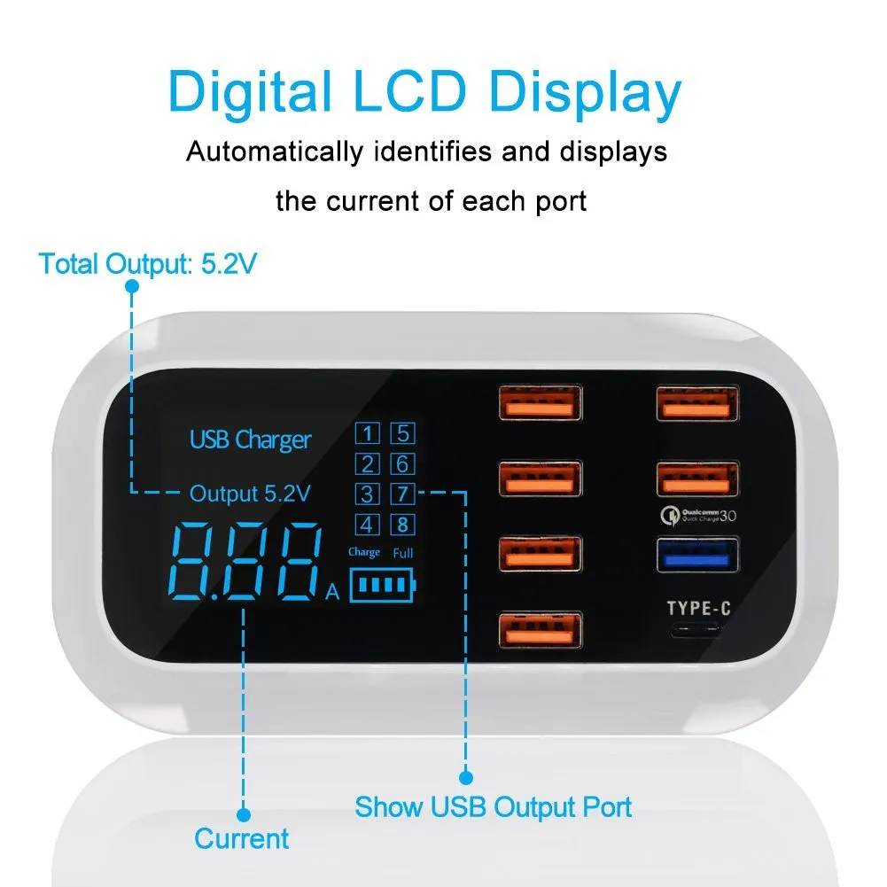 Fast Charging Station Multiple USB Charger 7 Port Desktop Charger Hub LED Display Power Adapter UK Plug