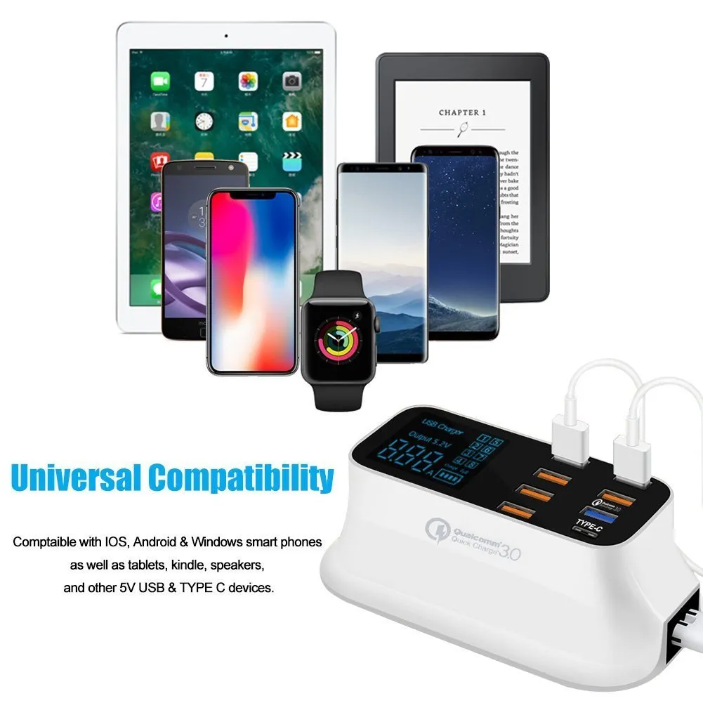Fast Charging Station Multiple USB Charger 7 Port Desktop Charger Hub LED Display Power Adapter UK Plug
