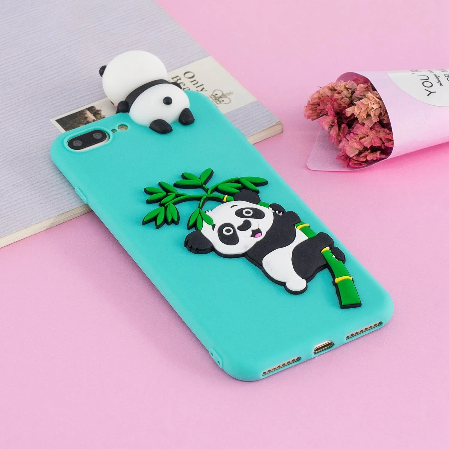For iPhone 5/5S/SE/6/6S/6 Plus/6S Plus/7/8/7 Plus/8 Plus Phone Case 3D Cartoon Panda Bamboo Cellphone Back Shell Shockproof Smartphone Cover Light blue