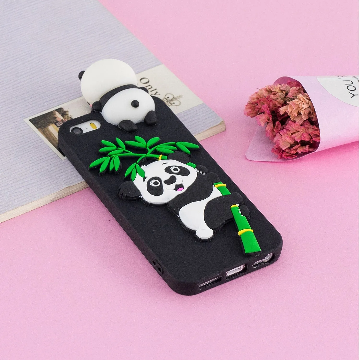 For iPhone 5/5S/SE/6/6S/6 Plus/6S Plus/7/8/7 Plus/8 Plus Phone Case 3D Cartoon Panda Bamboo Cellphone Back Shell Shockproof Smartphone Cover White