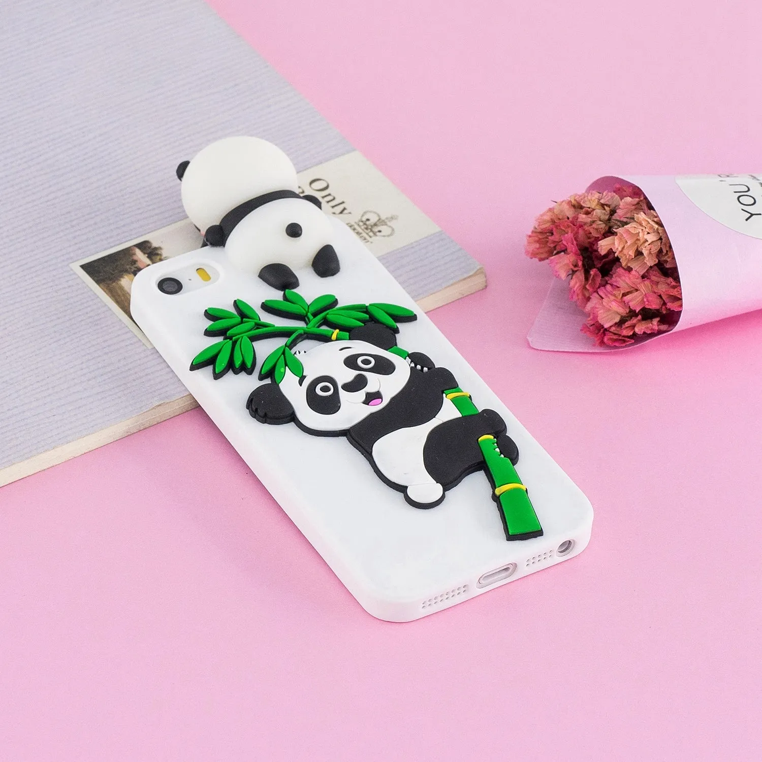 For iPhone 5/5S/SE/6/6S/6 Plus/6S Plus/7/8/7 Plus/8 Plus Phone Case 3D Cartoon Panda Bamboo Cellphone Back Shell Shockproof Smartphone Cover White