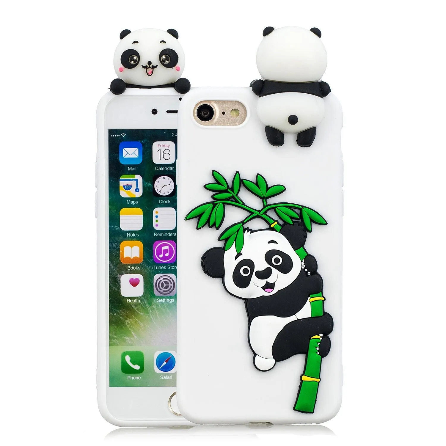 For iPhone 5/5S/SE/6/6S/6 Plus/6S Plus/7/8/7 Plus/8 Plus Phone Case 3D Cartoon Panda Bamboo Cellphone Back Shell Shockproof Smartphone Cover White