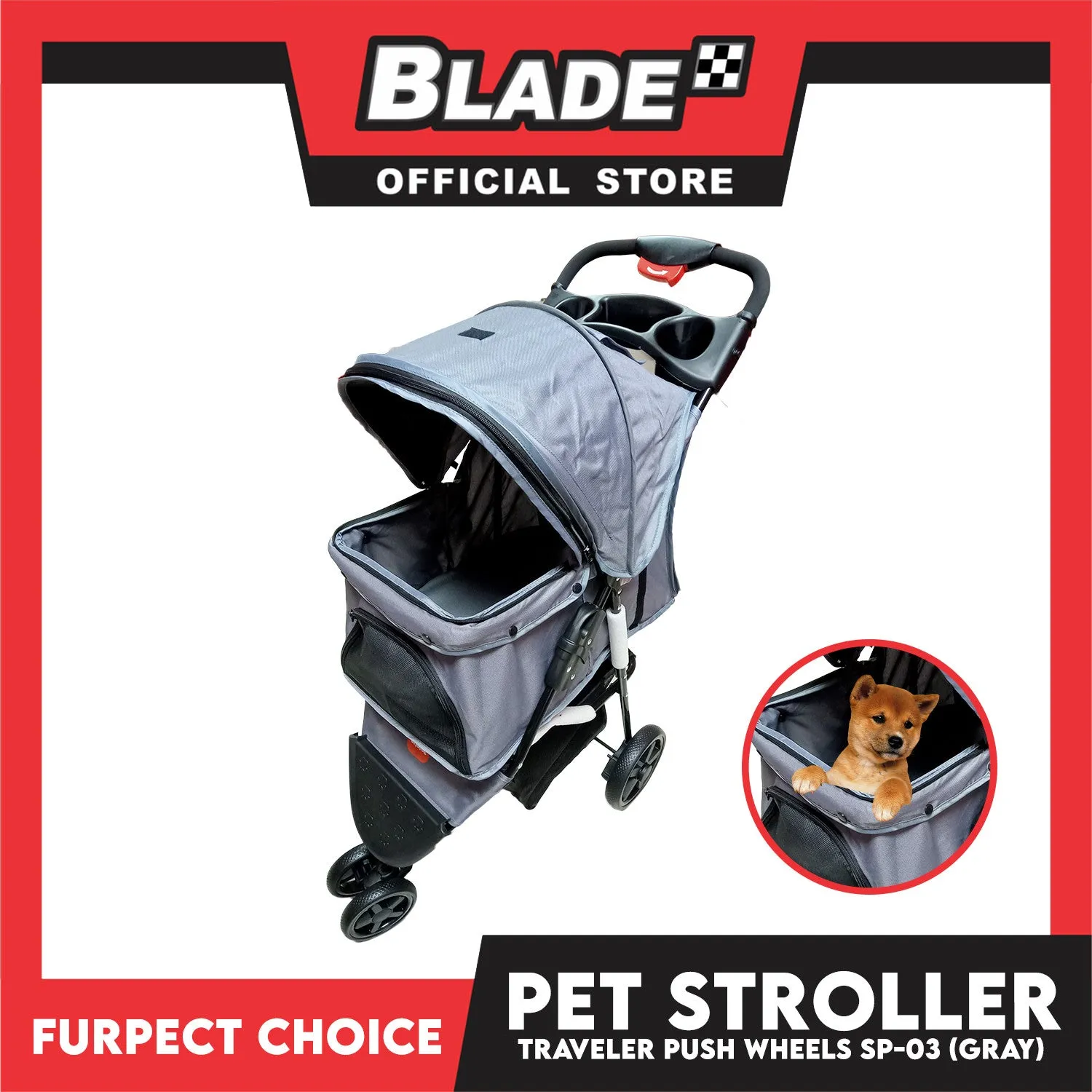 Furfect Choice Foldable 3-Wheeled Travel Stroller For Dog And Cat Accessories SP-03 (Gray)
