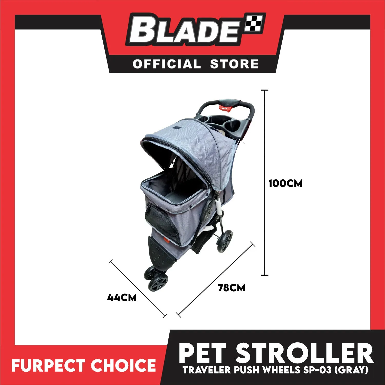 Furfect Choice Foldable 3-Wheeled Travel Stroller For Dog And Cat Accessories SP-03 (Gray)