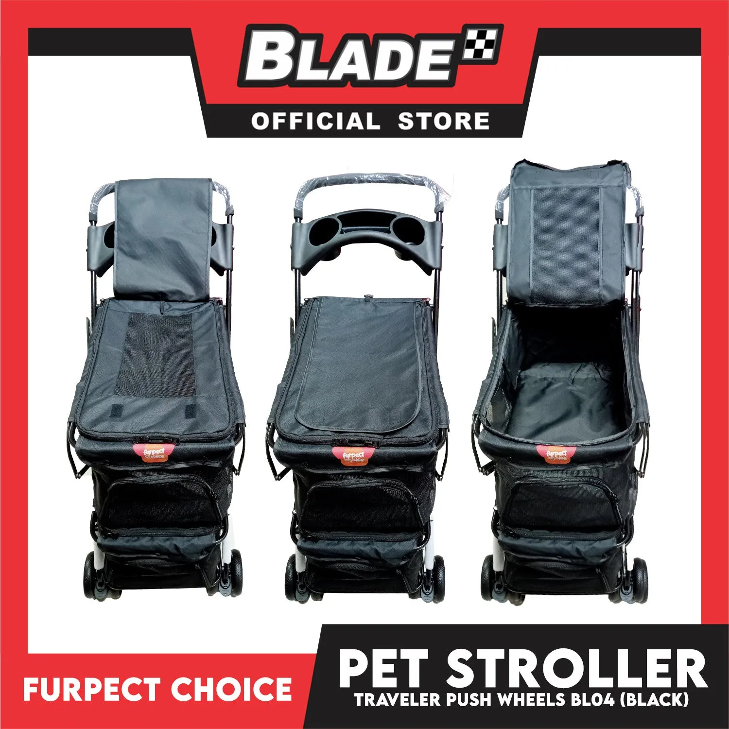 Furfect Choice Foldable 4-Wheeled Travel Stroller For Dog And Cat Accessories BL04 (Black) 102 x 70 x 50cm