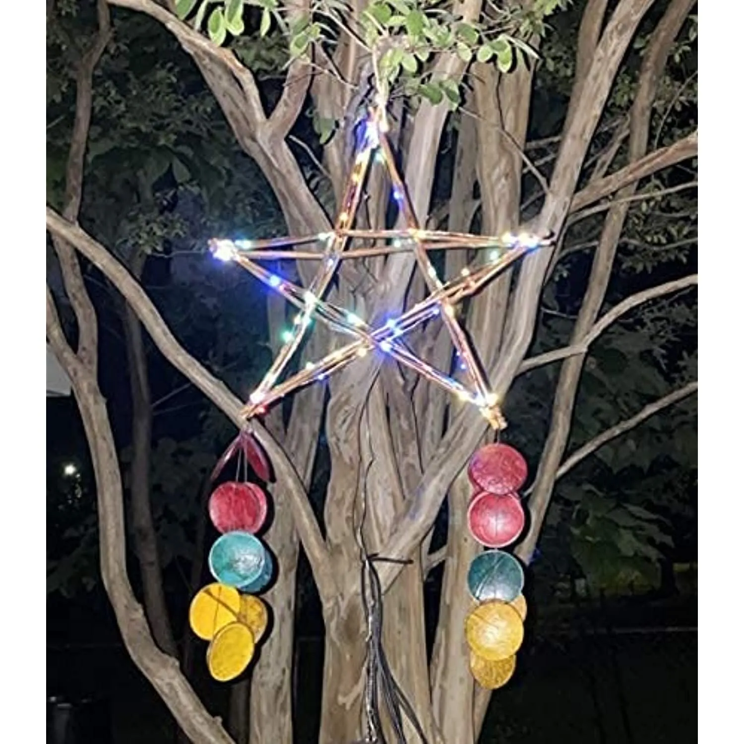 Gift Ko Handmade Bamboo Star Christmas Parol 15" Colored Tails & Solar LED Fairy Lights