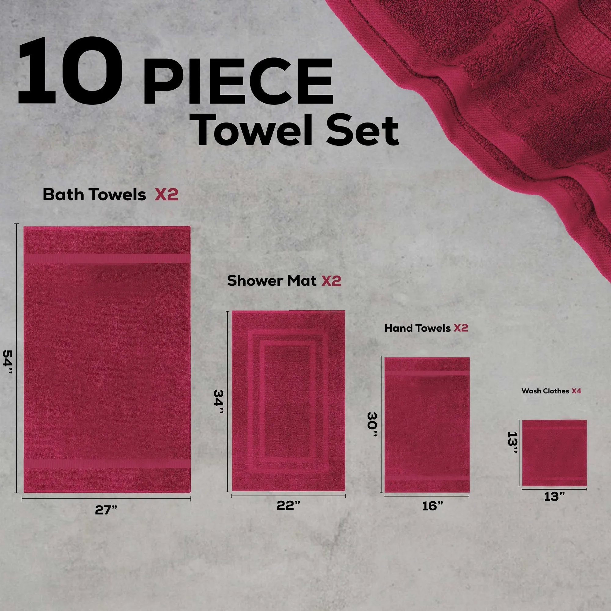 GOLD TEXTILES Luxury 10 Piece Towel Set, (Bath Towel 27x54, Hand Towel 16x30, Washcloth 13x13, Bath Mat 22x34) Ultra-Plush Absorbent Cotton Towels for Bathroom (Black, 10 Piece Towel Set)