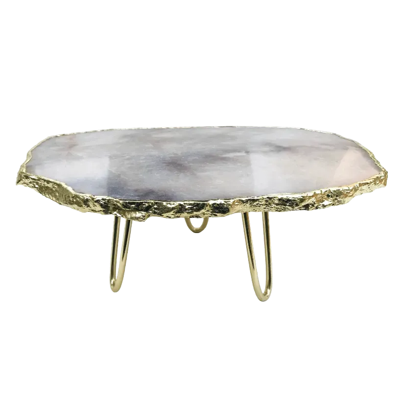 Grey Agate Quartz Cake Stand with Brass Legs