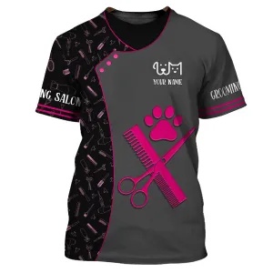 Holatshirt Paw Dog Groomer Dog Barber Black Pet Groomer Uniform T-Shirt Back Pink