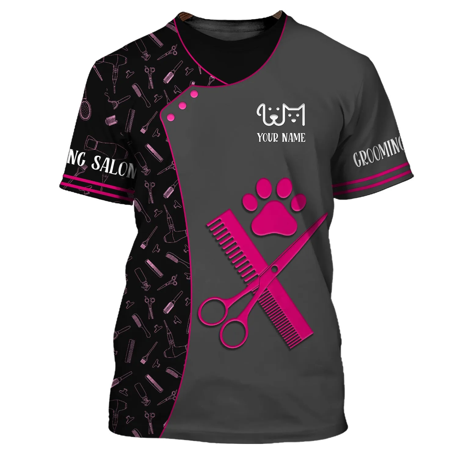 Holatshirt Paw Dog Groomer Dog Barber Black Pet Groomer Uniform T-Shirt Back Pink