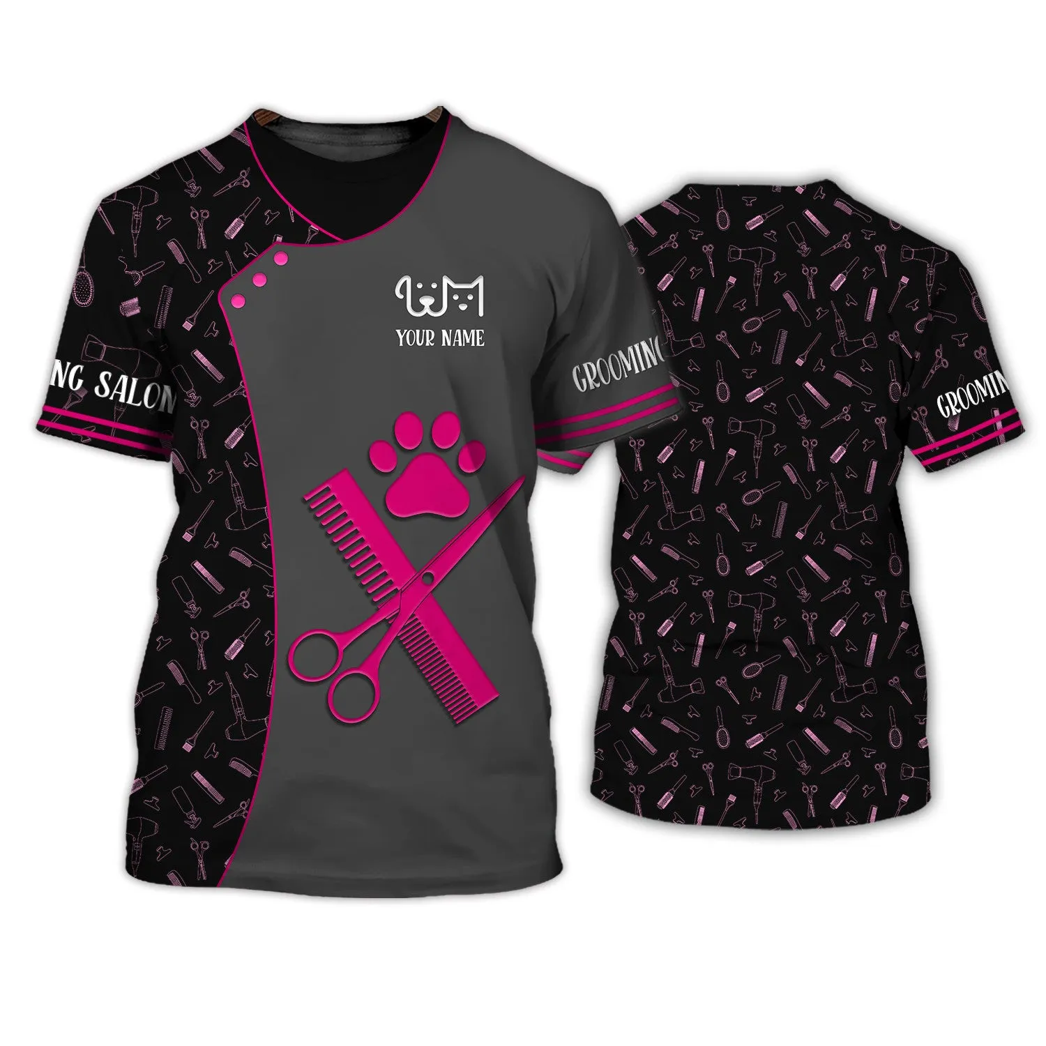 Holatshirt Paw Dog Groomer Dog Barber Black Pet Groomer Uniform T-Shirt Back Pink