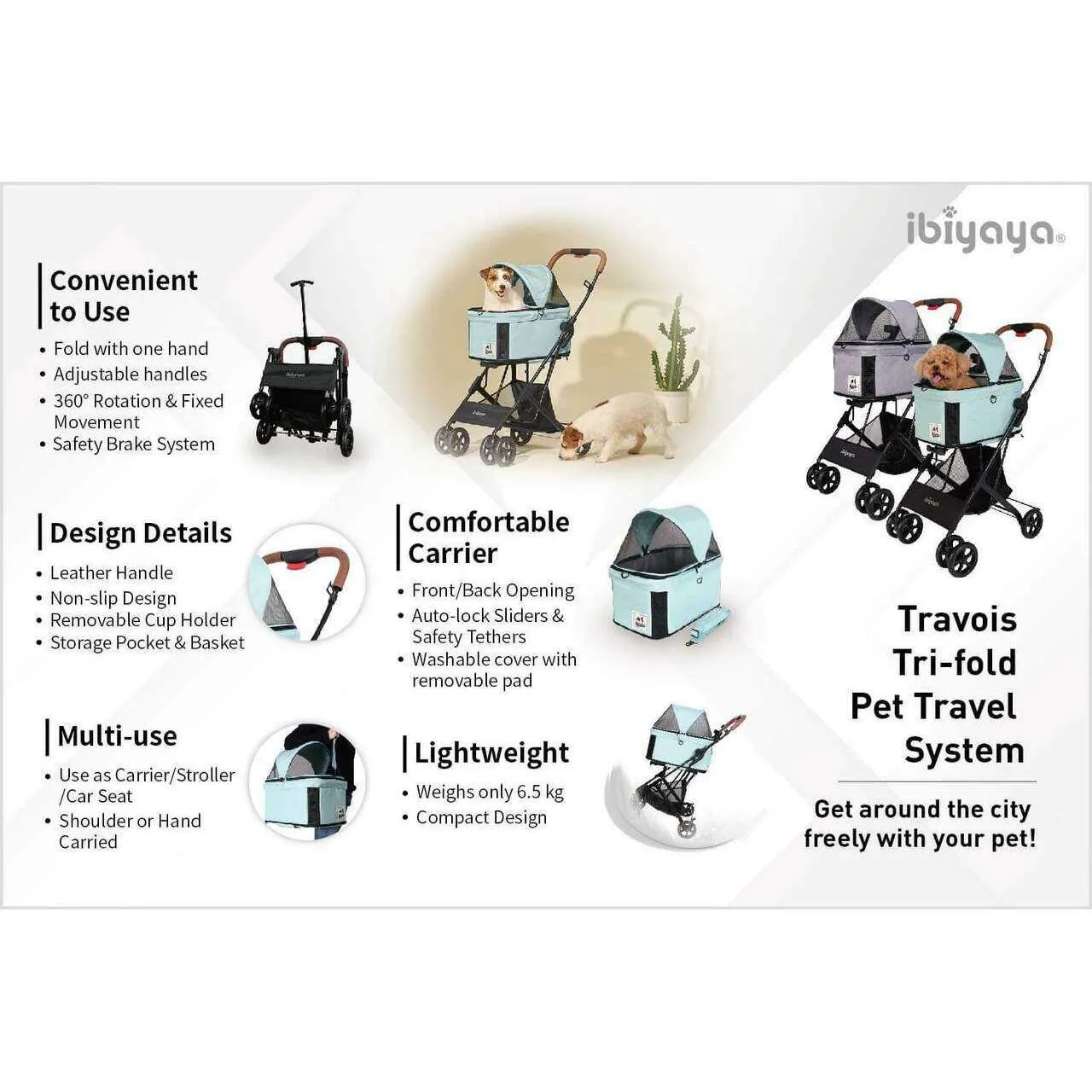 Ibiyaya Travois Tri-Fold Pet Stroller & Travel System