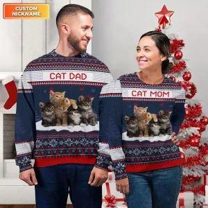 Merry Christmas, Cat Mom Cat Dad - Personalized Custom Unisex Ugly Christmas Sweater, Wool Sweater, All-Over-Print Sweater - Gift For Cat Lovers, Pet Lovers, Christmas Gift