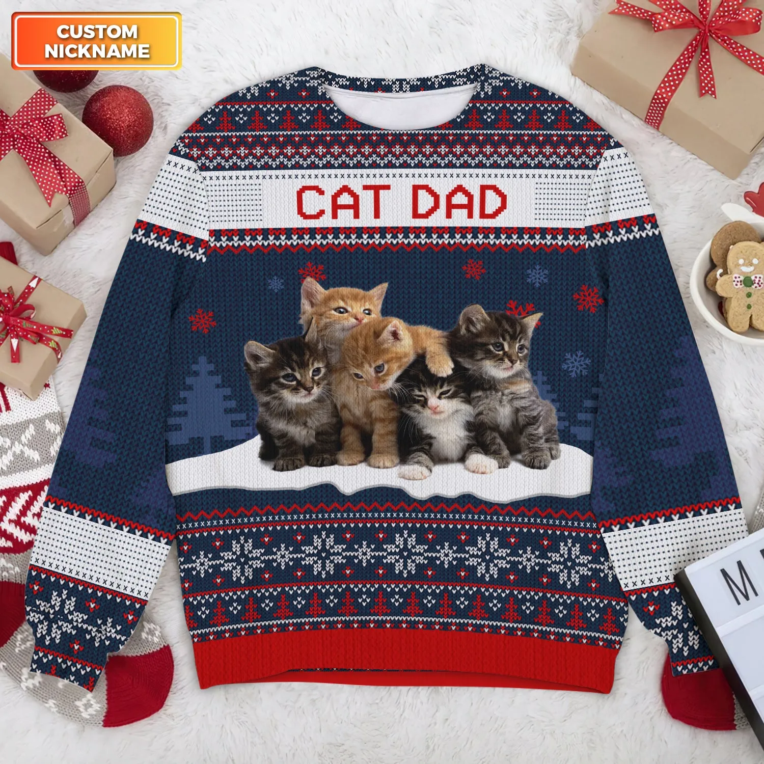 Merry Christmas, Cat Mom Cat Dad - Personalized Custom Unisex Ugly Christmas Sweater, Wool Sweater, All-Over-Print Sweater - Gift For Cat Lovers, Pet Lovers, Christmas Gift