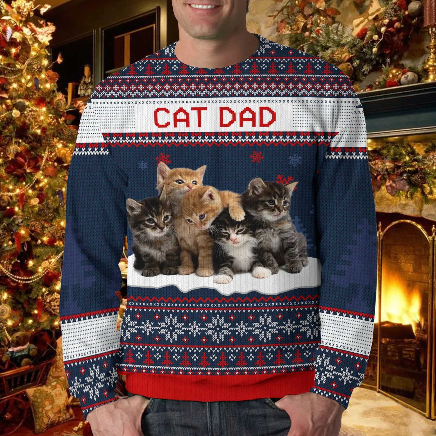 Merry Christmas, Cat Mom Cat Dad - Personalized Custom Unisex Ugly Christmas Sweater, Wool Sweater, All-Over-Print Sweater - Gift For Cat Lovers, Pet Lovers, Christmas Gift