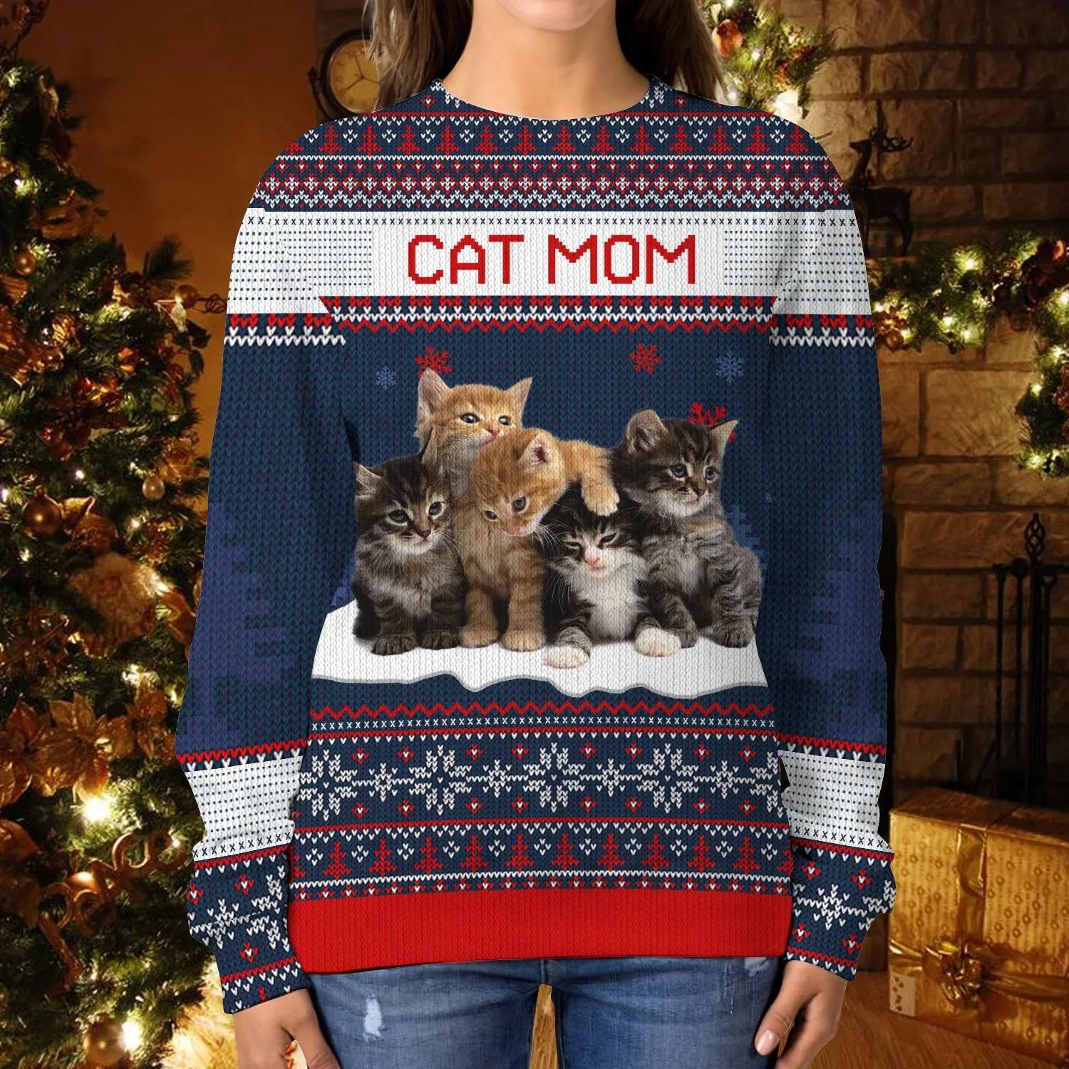 Merry Christmas, Cat Mom Cat Dad - Personalized Custom Unisex Ugly Christmas Sweater, Wool Sweater, All-Over-Print Sweater - Gift For Cat Lovers, Pet Lovers, Christmas Gift