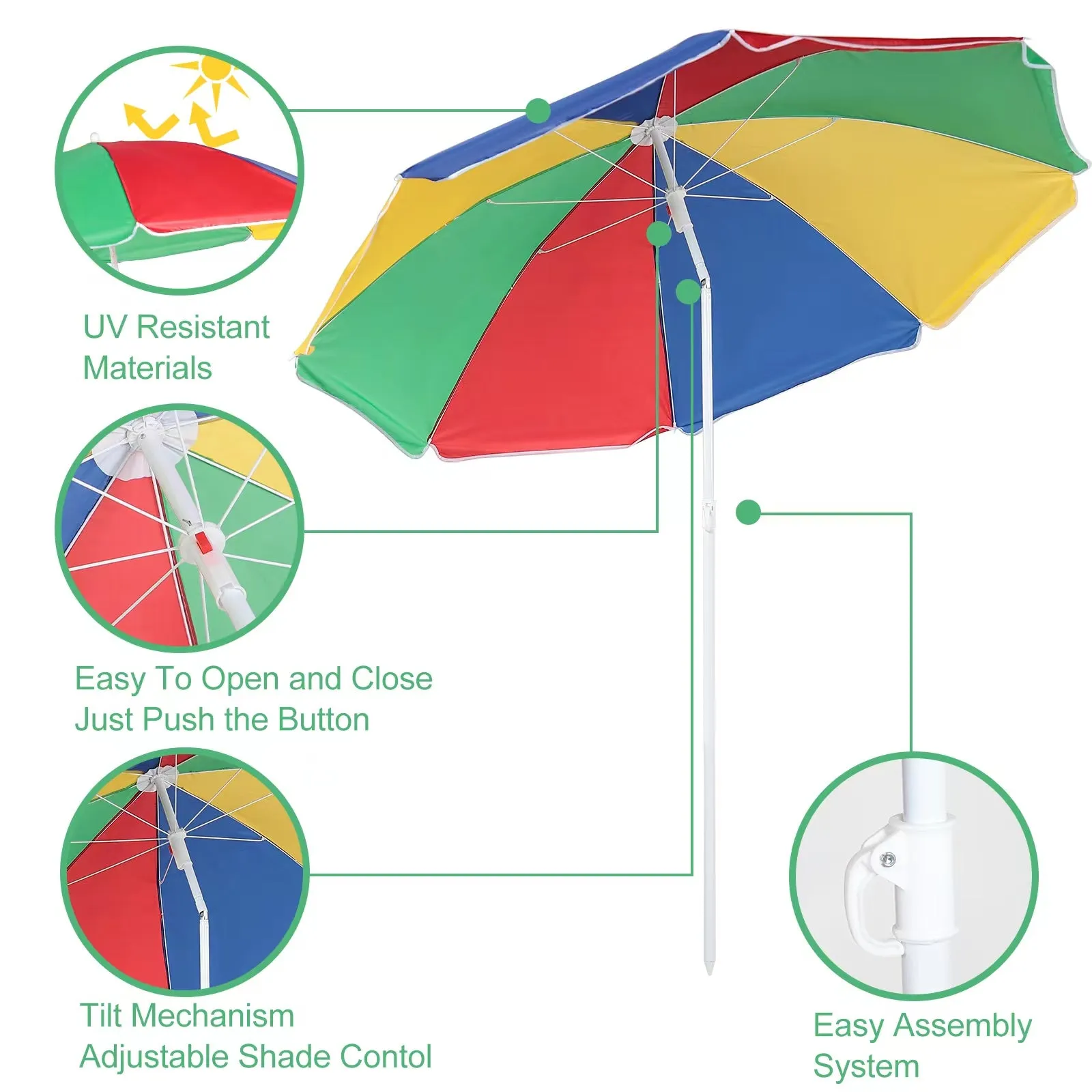 Multi-Coloured Beach Tilting Parasol 1.6M