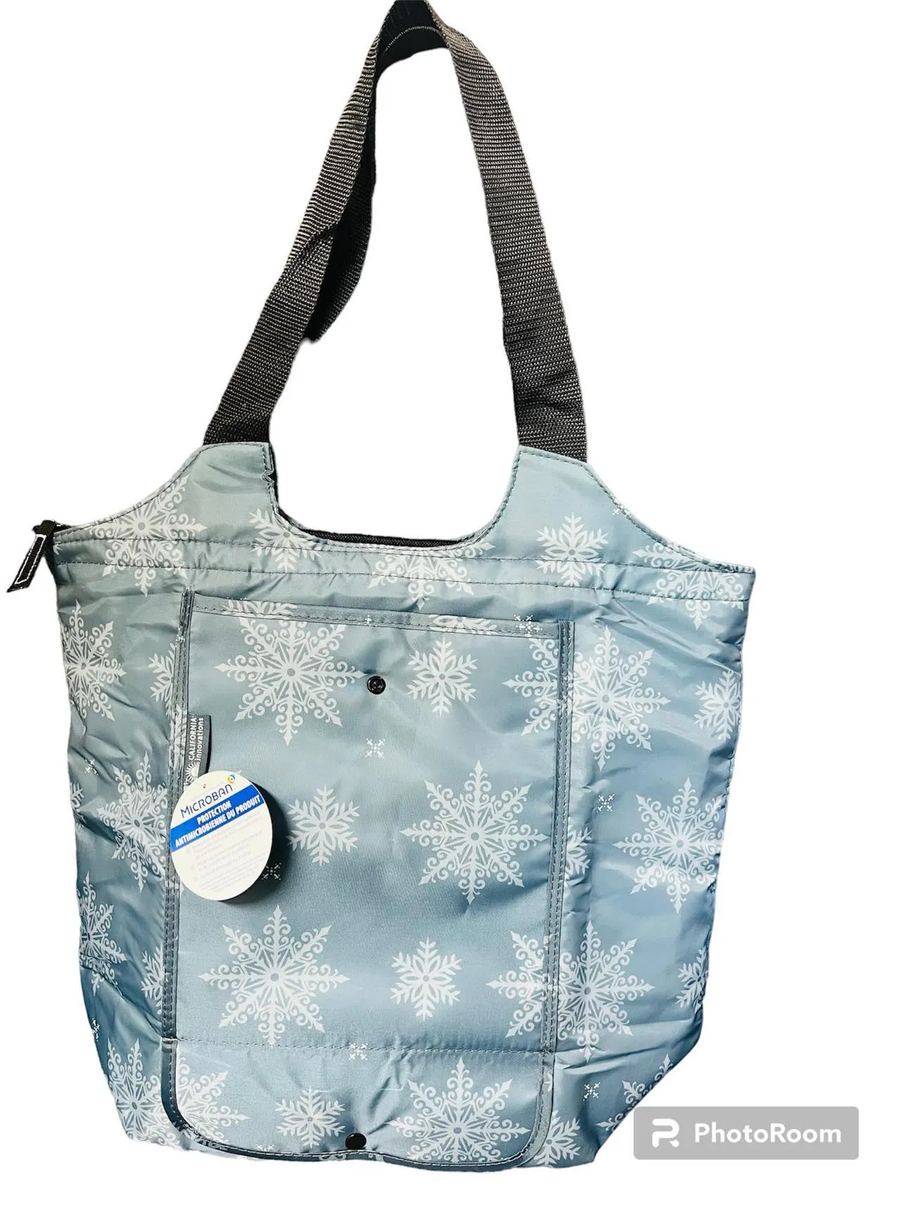 New California Innovations Market Tote! Insulated leak-resistant lining with Microban! Folds compact when not in use! Silver blue