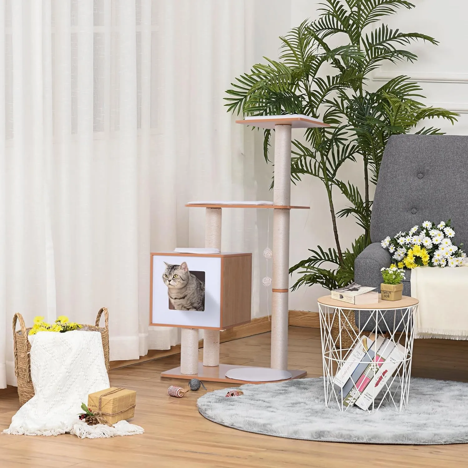 NEW Retails $110 PawHut 47" Wood Cat Tree, Cat Condo Tower with Scratching Post, Toy Ball, Natural Wood, White