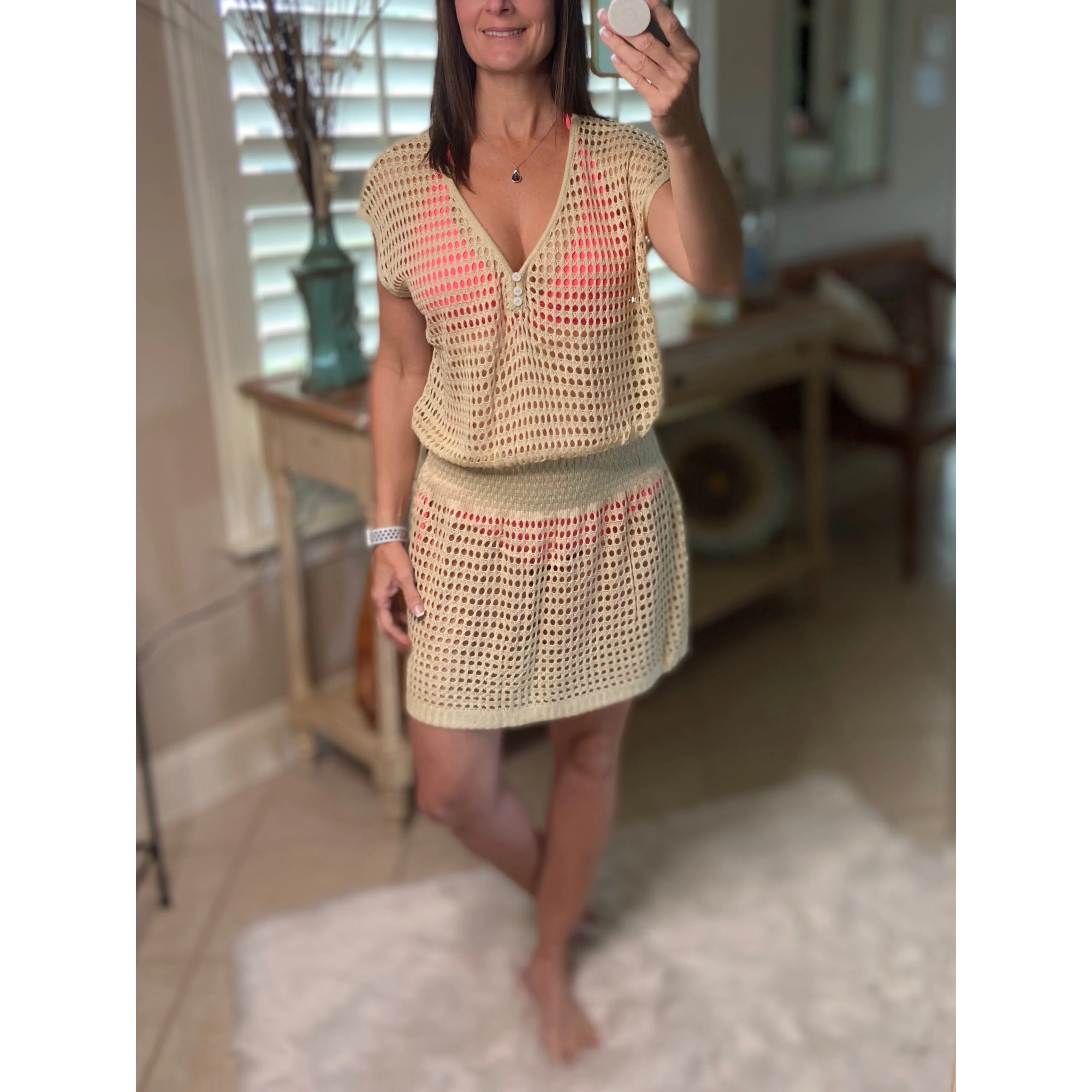 “Ocean Eyes” Crochet Mesh V Neck Mini Beach Swimsuit Cover Up Beach Pool Beige One Size